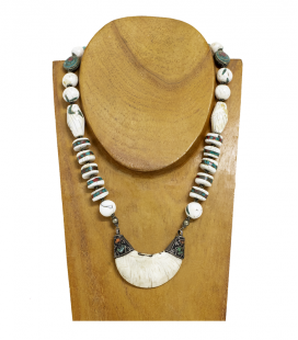 NAGA ANTIQUE TRIBAL NECKLACE-SILVER SHELL AND STONES-UNIQUE PIECE